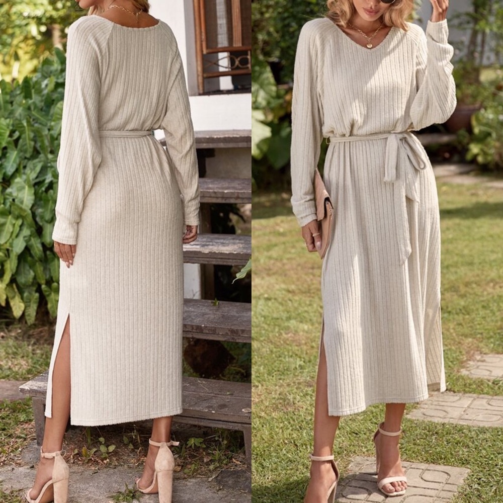 🐏 CASUAL BEIGE RIBBED LOOSE FIT BELTED MIDI DRESS! - Picture 2 of 5